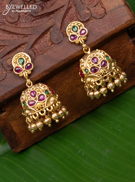 Antique jhumka with kemp stones and golden beads hanging