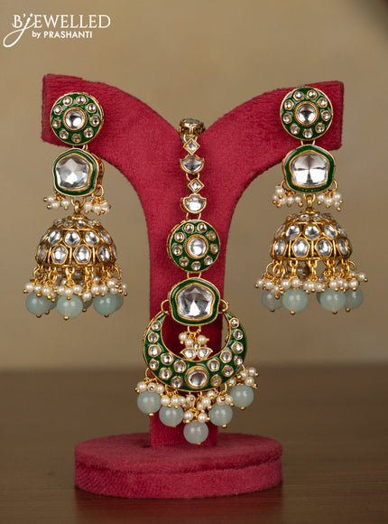 Kundan necklace with maang tikka and pearl & mint green beads hanging