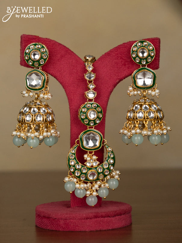Kundan necklace with maang tikka and pearl & mint green beads hanging