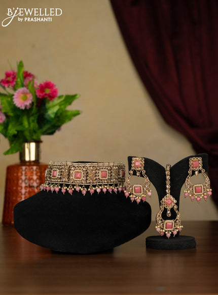 Kundan necklace peach stones with maang tikka and pearl & peach beads hanging