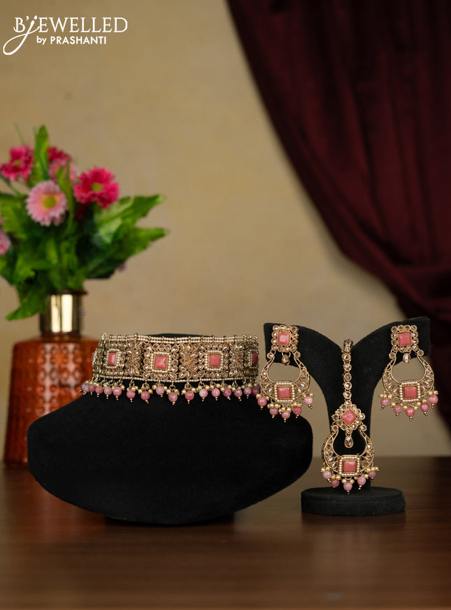 Kundan necklace peach stones with maang tikka and pearl & peach beads hanging