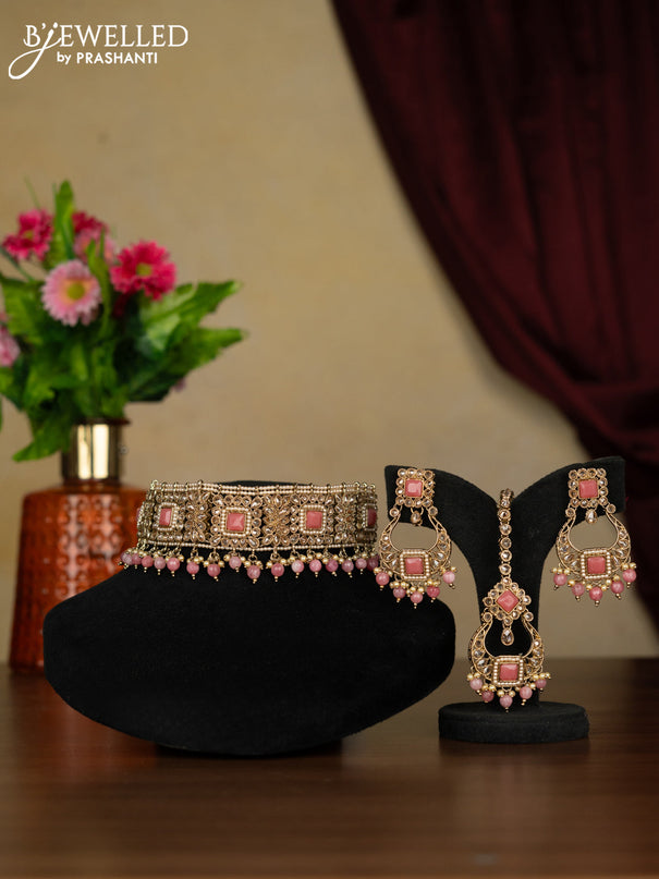 Kundan necklace peach stones with maang tikka and pearl & peach beads hanging