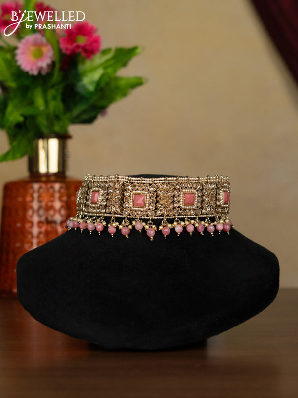 Kundan necklace peach stones with maang tikka and pearl & peach beads hanging