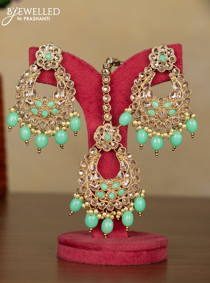 Kundan necklace mint green stones with maang tikka and pearl & mint green beads hanging