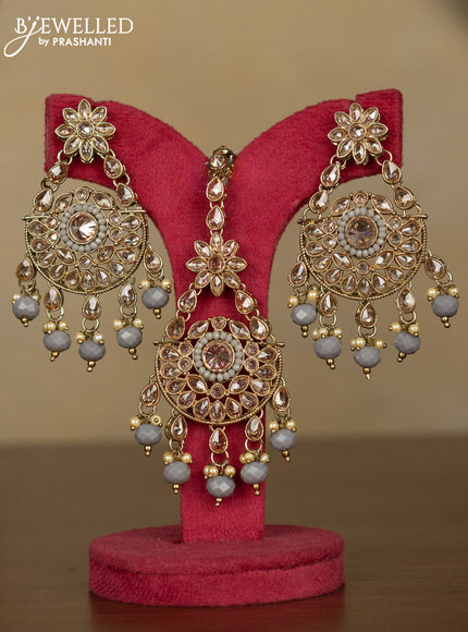 Kundan necklace with maang tikka and pearl & grey beads hanging