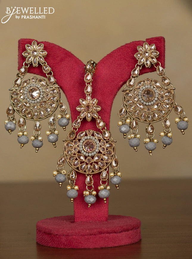 Kundan necklace with maang tikka and pearl & grey beads hanging