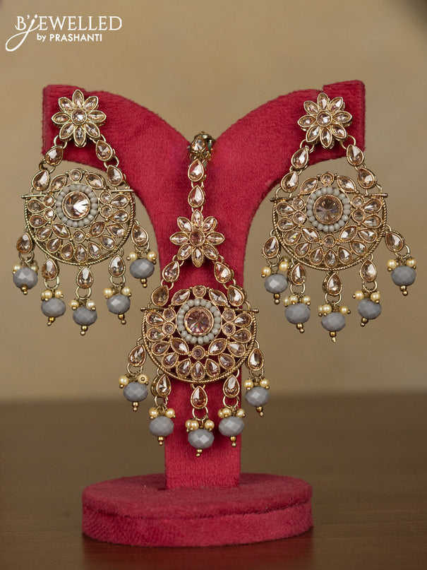 Kundan necklace with maang tikka and pearl & grey beads hanging
