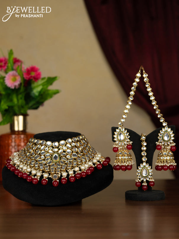 Kundan necklace with maang tikka and pearl & pink beads hanging