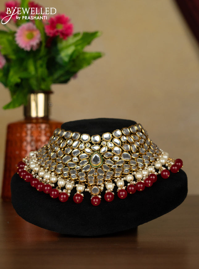 Kundan necklace with maang tikka and pearl & pink beads hanging