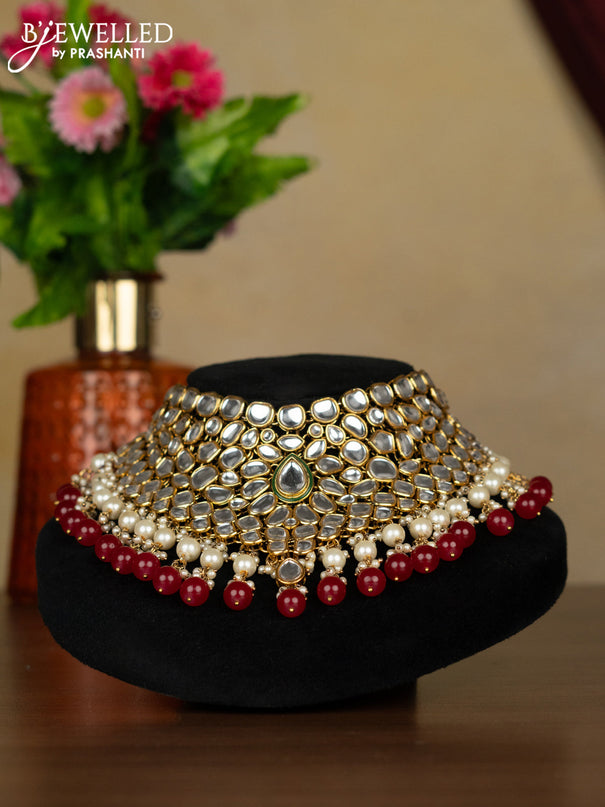 Kundan necklace with maang tikka and pearl & pink beads hanging
