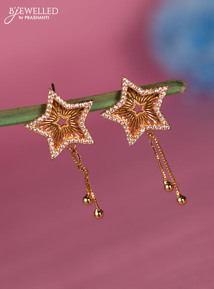 Rose gold earring with cz stone and golden bead hangings