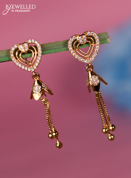 Rose gold earring heart shape with cz stone and golden bead hangings
