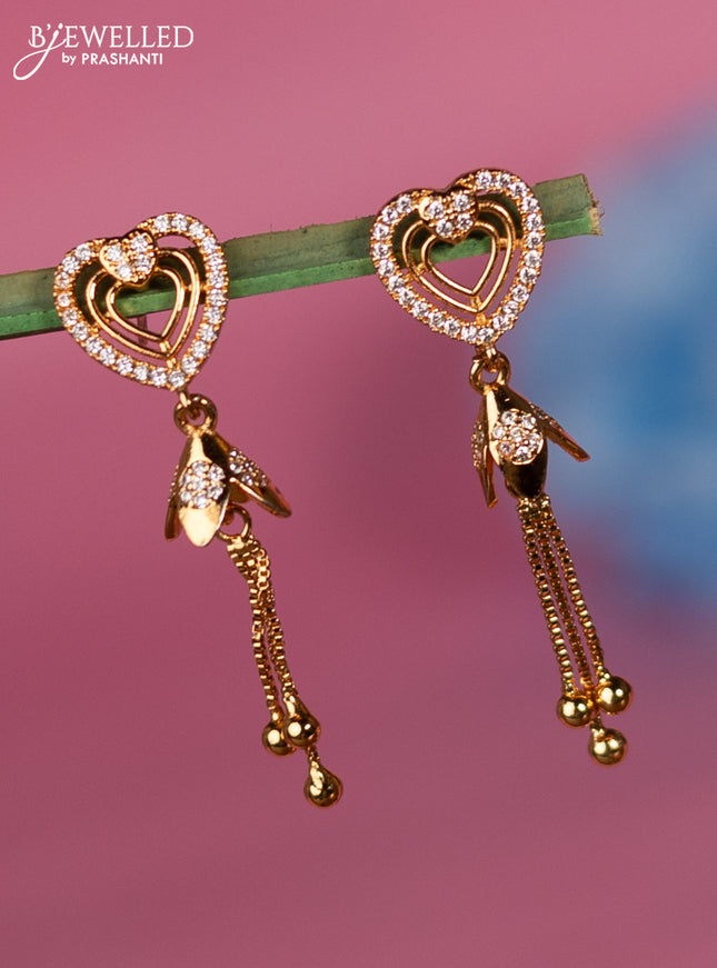 Rose gold earring heart shape with cz stone and golden bead hangings