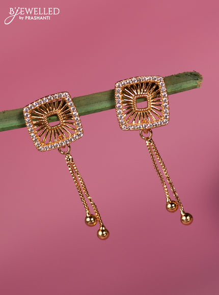 Rose gold earring geomatric design with cz stone and golden bead hangings