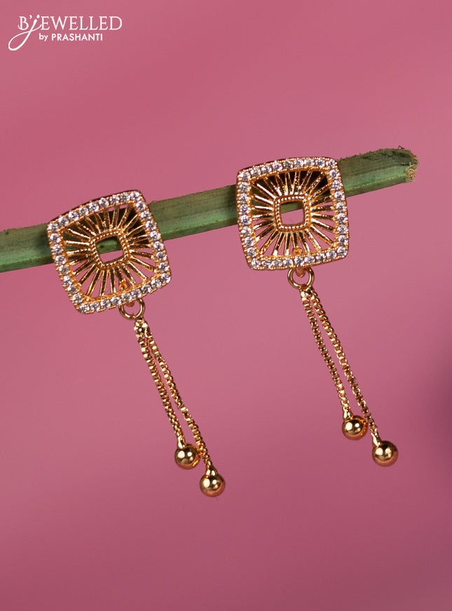 Rose gold earring geomatric design with cz stone and golden bead hangings