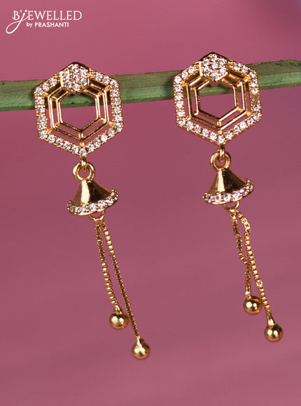 Rose gold earring geomatric design with cz stone and golden bead hangings