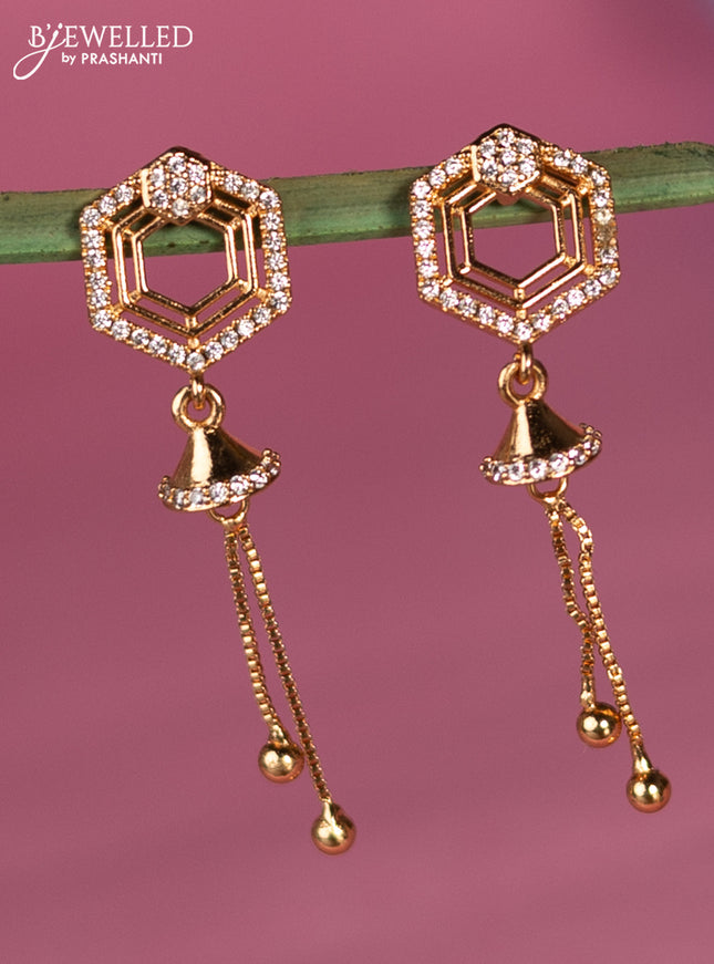 Rose gold earring geomatric design with cz stone and golden bead hangings