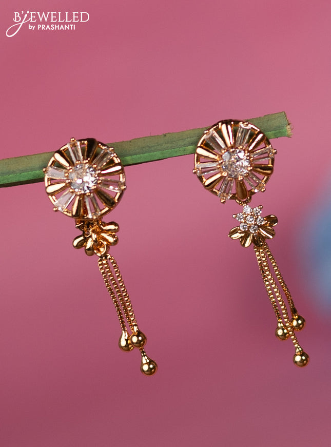 Rose gold earring with cz stone and golden beads hanging