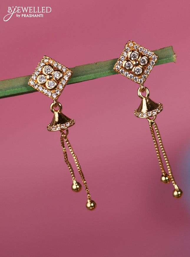 Rose gold earring with cz stone and golden beads hanging