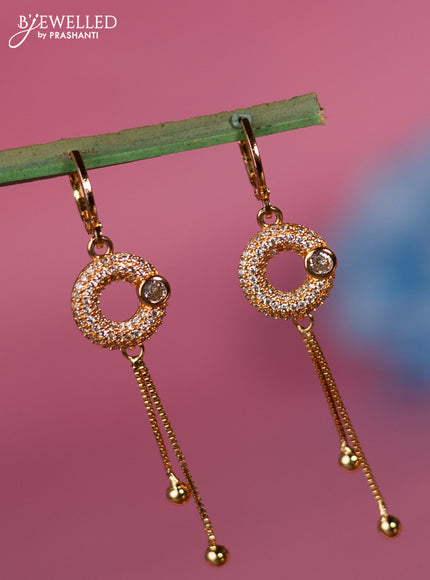 Rose gold earring with cz stone and golden beads hanging