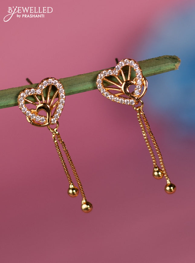 Rose gold earring heart shape with cz stone and golden bead hangings
