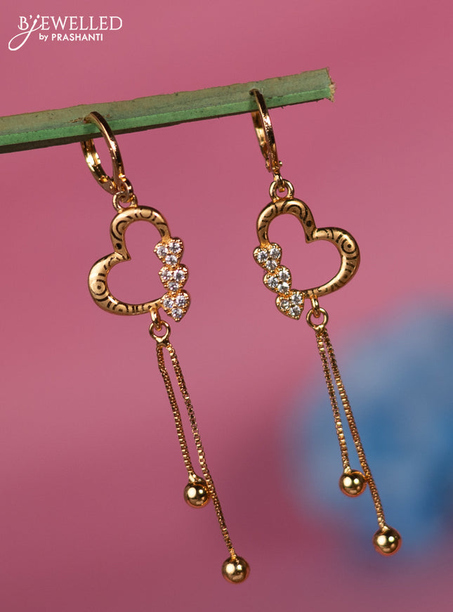 Rose gold earring heart shape with cz stone and golden bead hangings
