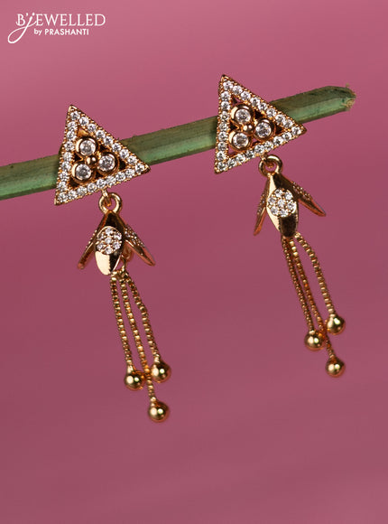 Rose gold earring geomatric design with cz stone and golden bead hangings