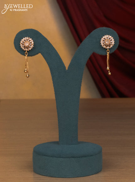 Rose gold earring with cz stone and golden beads hanging