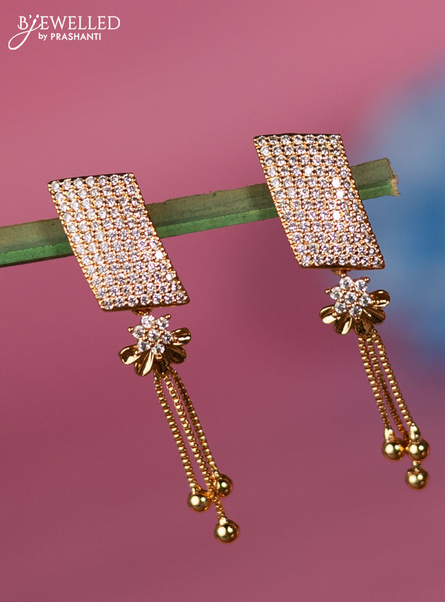 Rose gold earring with cz stone and golden beads hanging