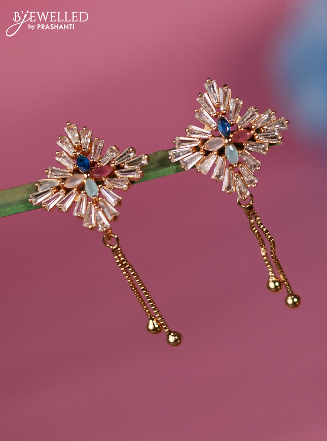 Rose gold earring with multicolur & cz stone and golden beads hanging