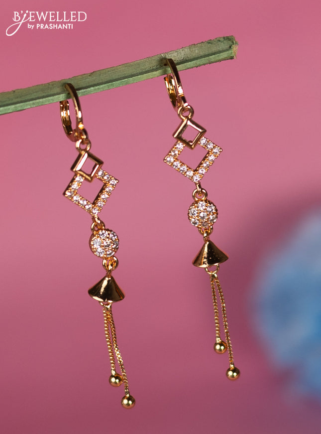 Rose gold earring with cz stone and golden beads hanging