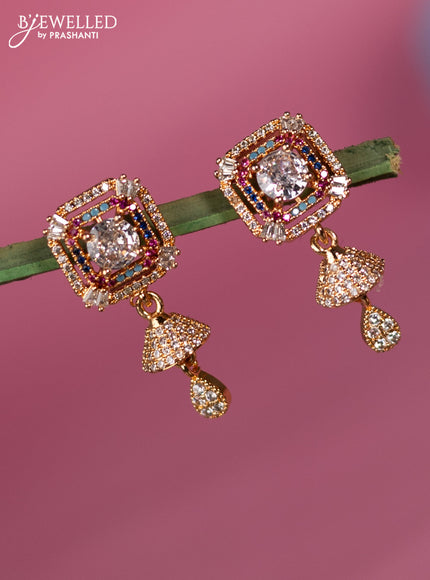 Rose gold earring with multicolour & cz stone and jhumka hanging