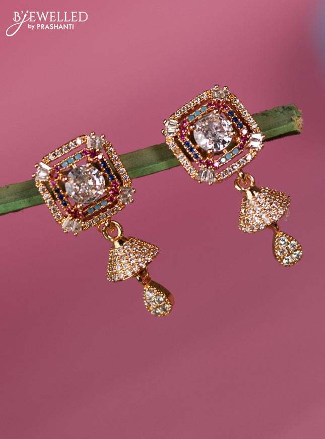 Rose gold earring with multicolour & cz stone and jhumka hanging