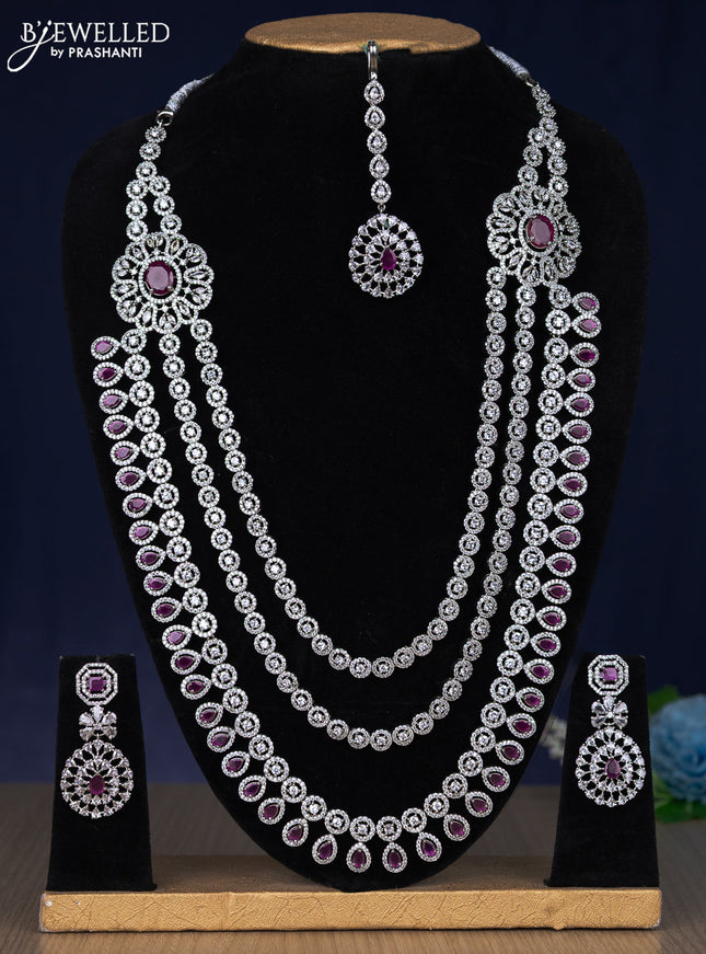 Zircon haaram triple layer with ruby & cz stones with maang tikka