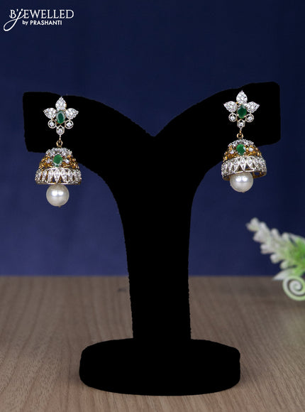Zircon choker floral design with emerald & cz stones and pearl hangings in gold finish
