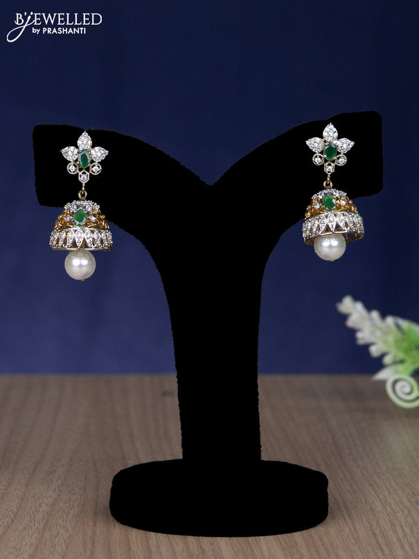 Zircon choker floral design with emerald & cz stones and pearl hangings in gold finish
