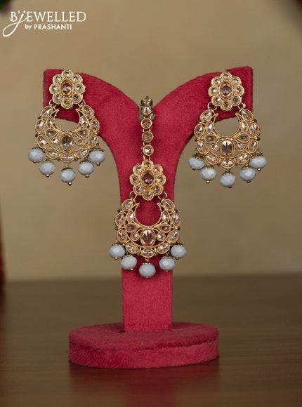 Kundan necklace with maang tikka and grey beads hanging