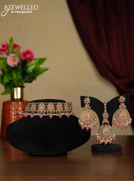 Kundan necklace peach stones with maang tikka and pearl & peach beads hanging