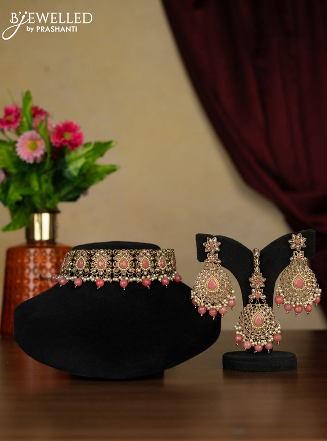 Kundan necklace peach stones with maang tikka and pearl & peach beads hanging