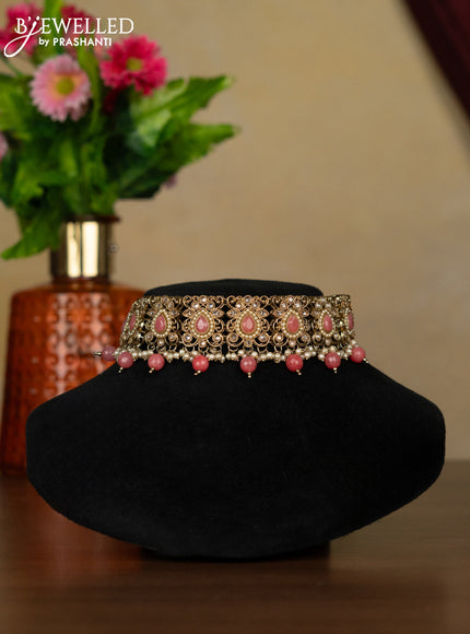 Kundan necklace peach stones with maang tikka and pearl & peach beads hanging
