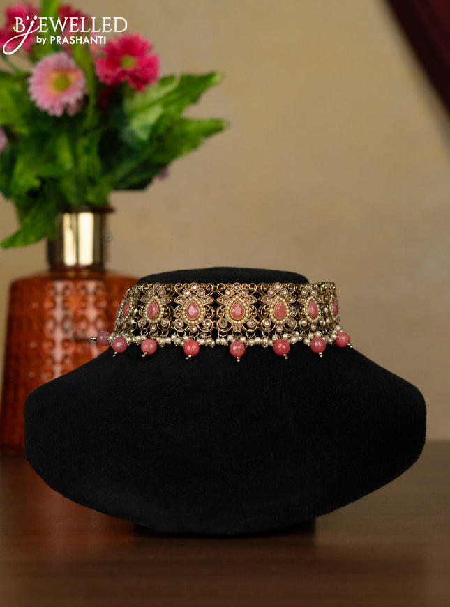 Kundan necklace peach stones with maang tikka and pearl & peach beads hanging