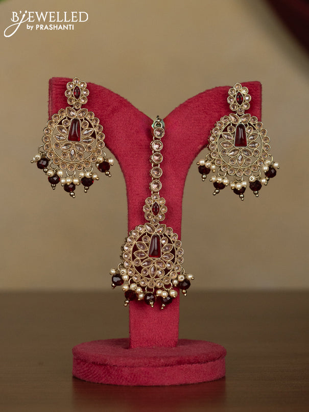 Kundan necklace ruby stones with maang tikka and pearl & maroon beads hanging