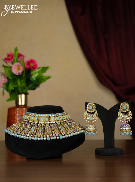 Kundan necklace ice blue stones with pearl & ice blue beads hanging