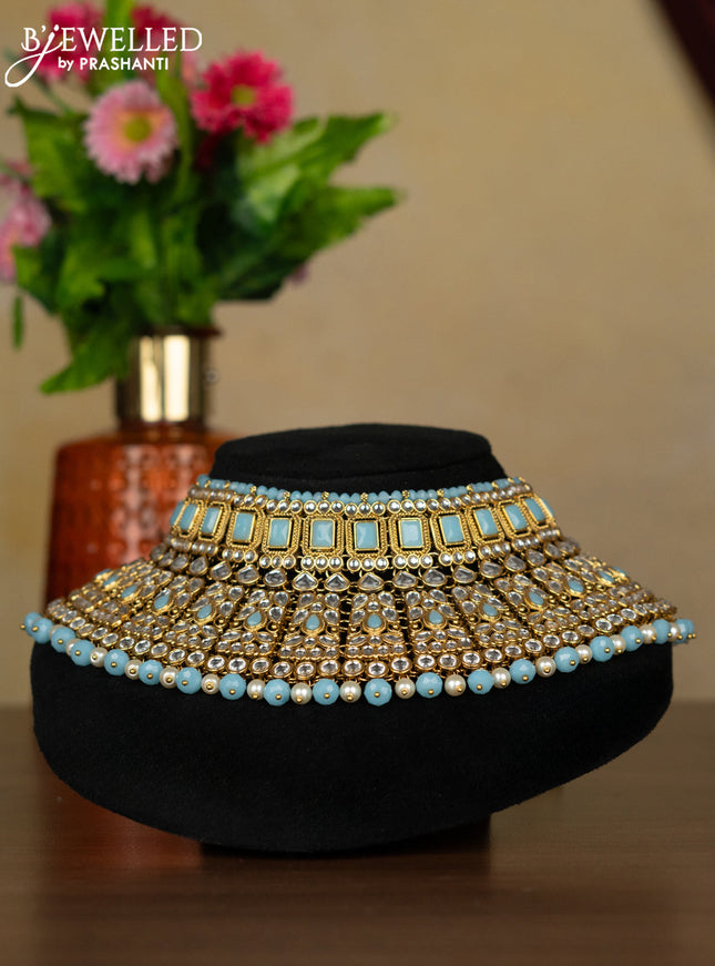 Kundan necklace ice blue stones with pearl & ice blue beads hanging