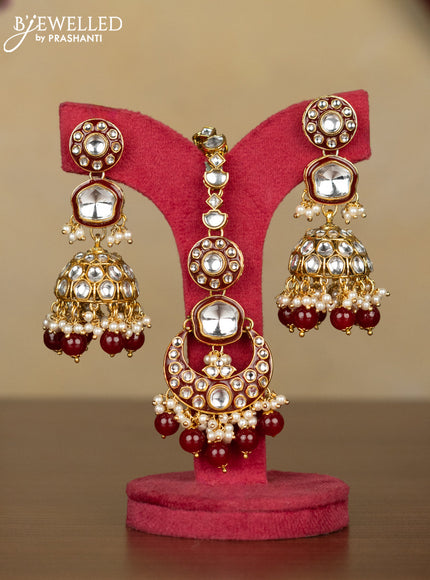 Kundan necklace with maang tikka and pearl & maroon beads hanging