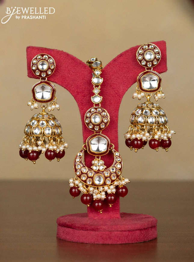 Kundan necklace with maang tikka and pearl & maroon beads hanging