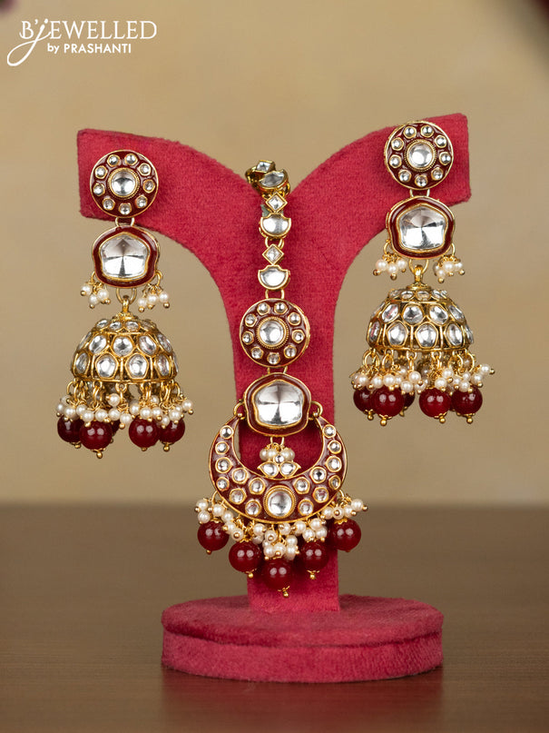 Kundan necklace with maang tikka and pearl & maroon beads hanging