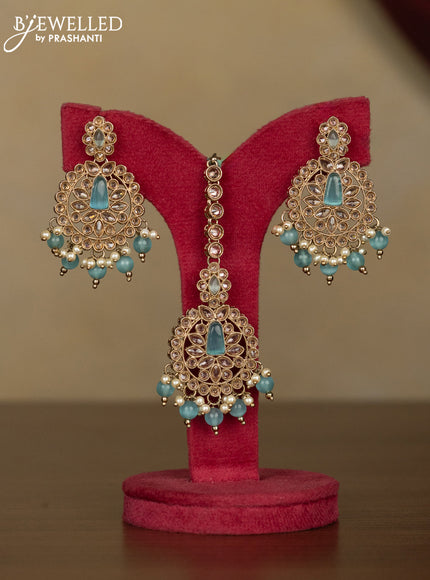 Kundan necklace ice blue stones with maang tikka and pearl & ice blue beads hanging