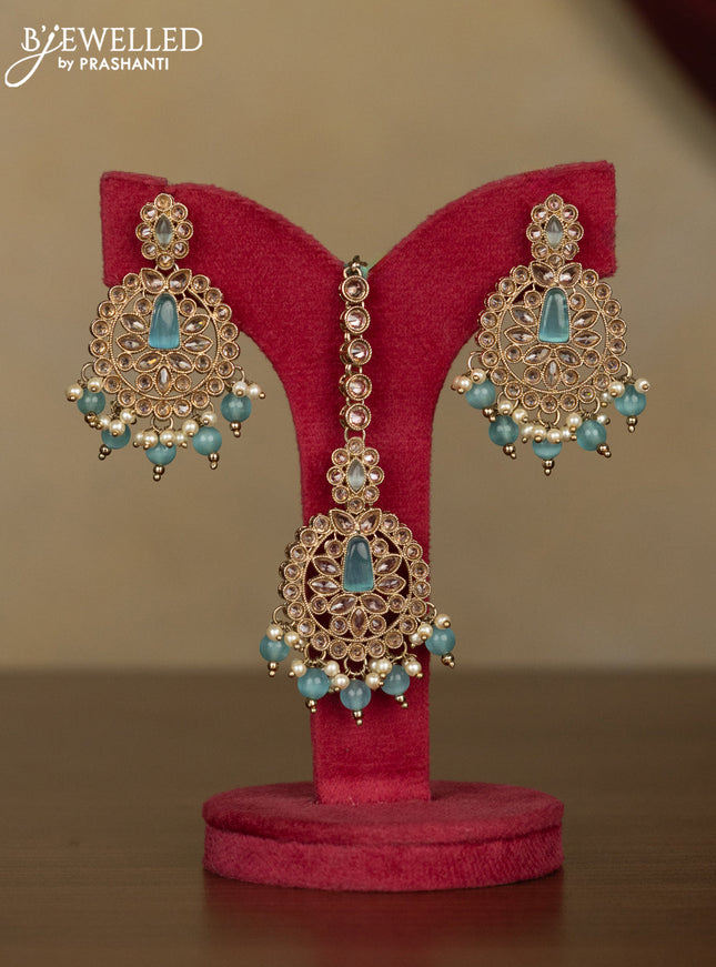 Kundan necklace ice blue stones with maang tikka and pearl & ice blue beads hanging