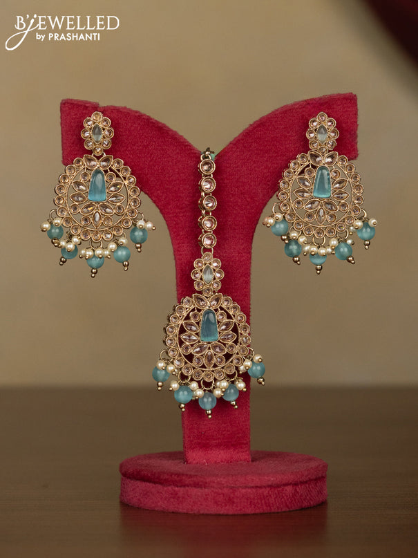 Kundan necklace ice blue stones with maang tikka and pearl & ice blue beads hanging